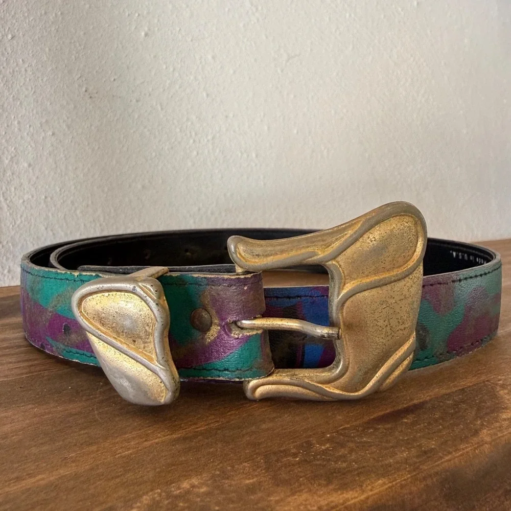 Vintage Abstract Art Leather Belt 36